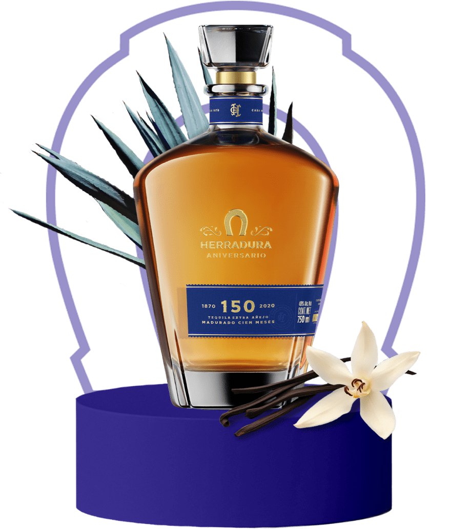 An image of a bottle of Herradura Aniverssario 150 on a blue platform surrounded by flavor notes of agave and vanilla.