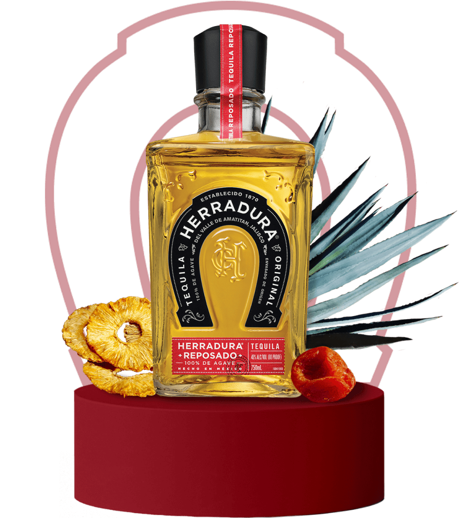 An image of a bottle of Herradura Reposado on a red platform surrounded by flavor notes of pineapple, agave, and raspberry.