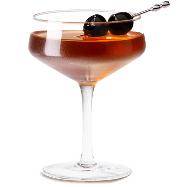 A dark reddish Tequila Manhattan in a stemmed glass with Bing cherries