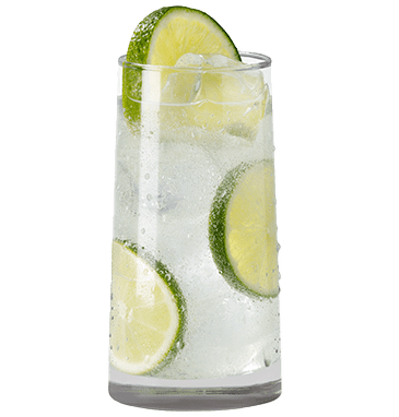 A tall glass with sparkling water and tequila inside, with sliced limes