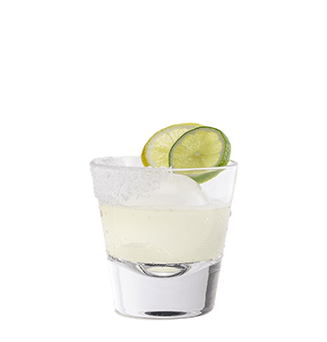 A shotglass with tequila and ice inside, garnished with citrus