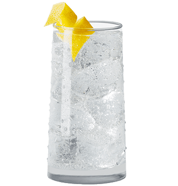 A tall glass with seltzer and tequila inside and a lemon twist